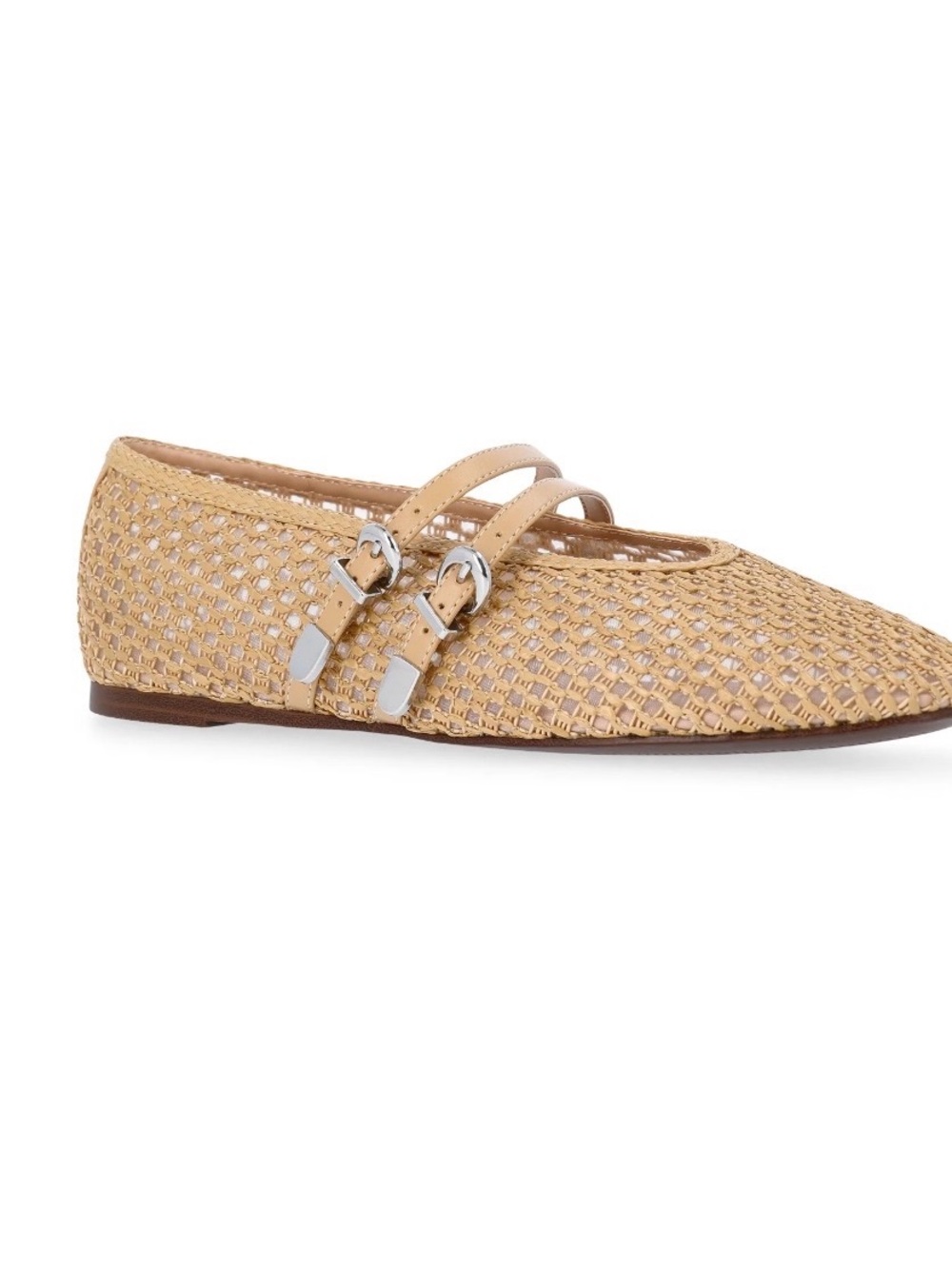Woven Double-Buckle Mary Jane Flat in Light Tan